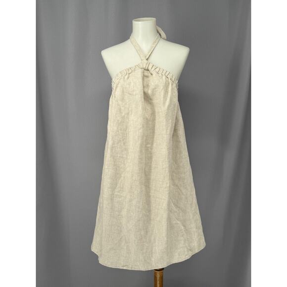 Reformation Dress Womens Medium Beige Linen Halter Open Back Tie Neck Summer - Picture 1 of 11